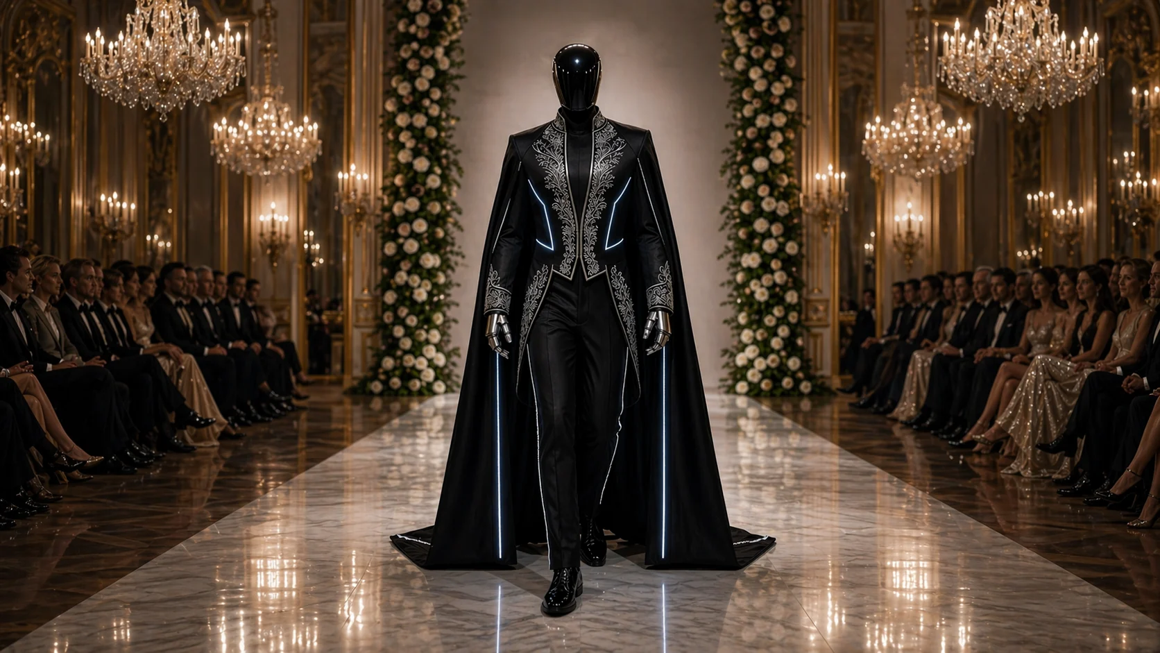 Noir Regency runway look walking through a grand salon with a sweeping cape.